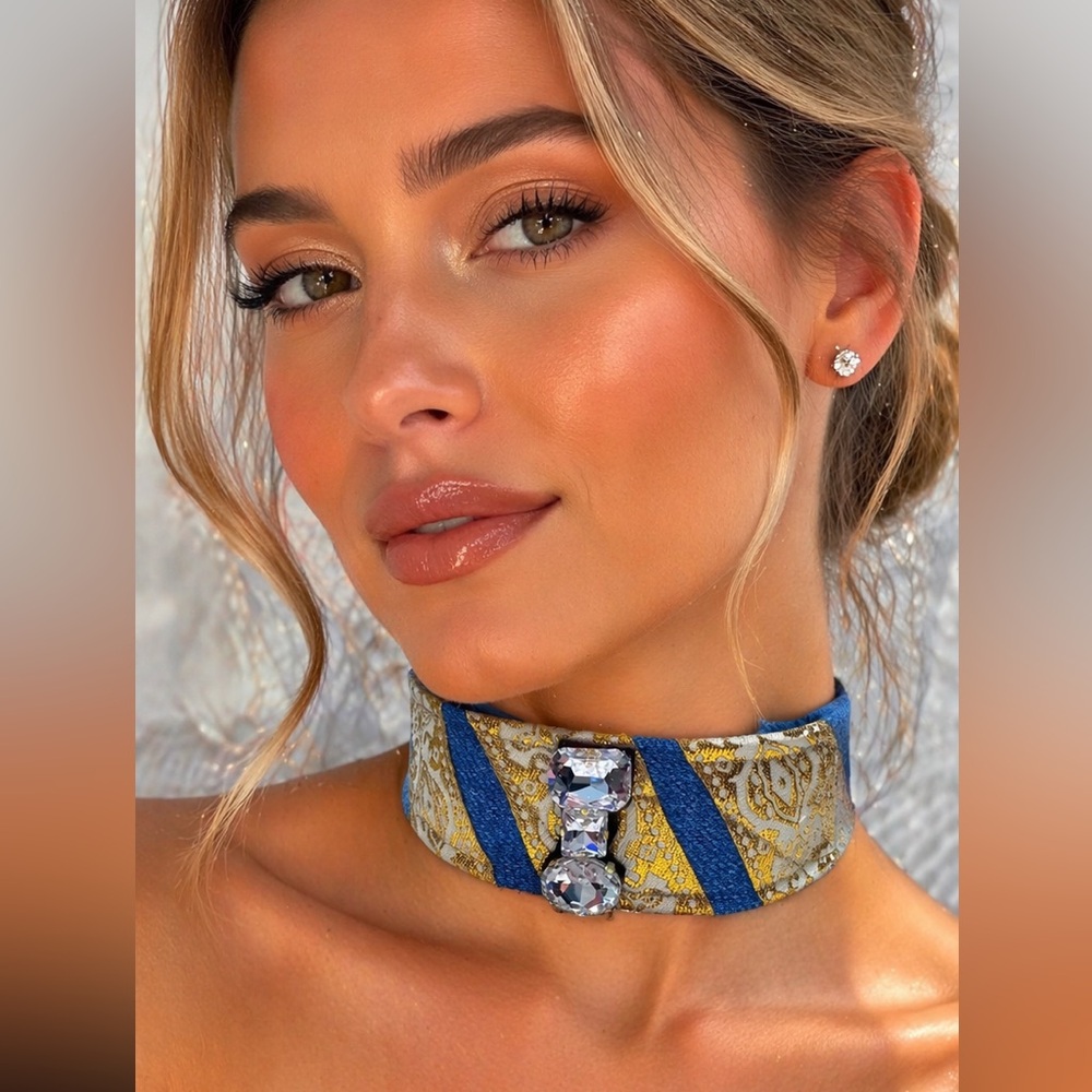 Artisan Necklace Choker OOAK Denim & Gold Brocade Rhinestone Statement Handmade